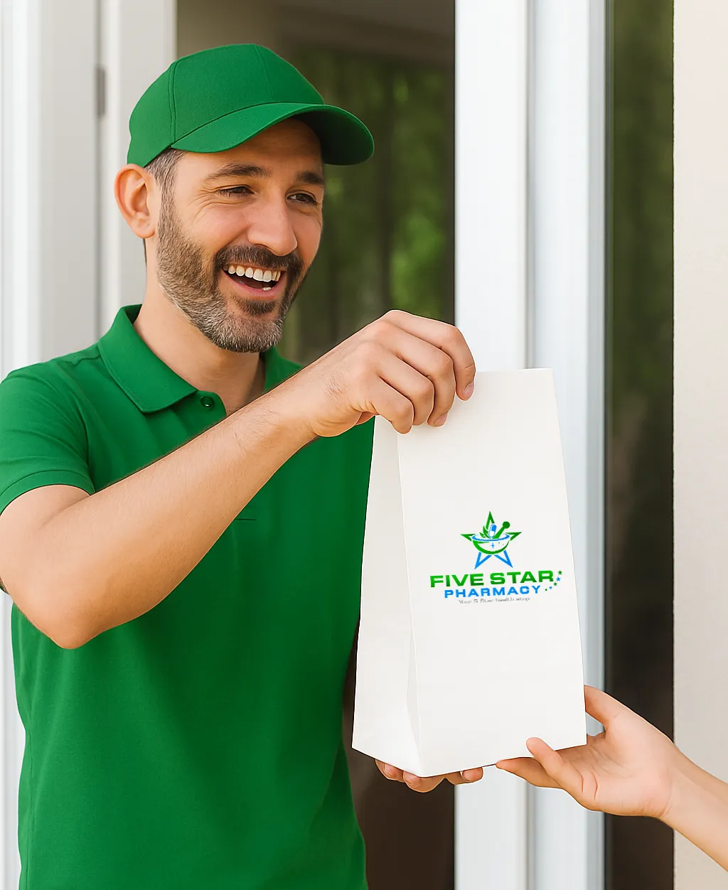 Courier delivering Five Star Pharmacy prescription bag
